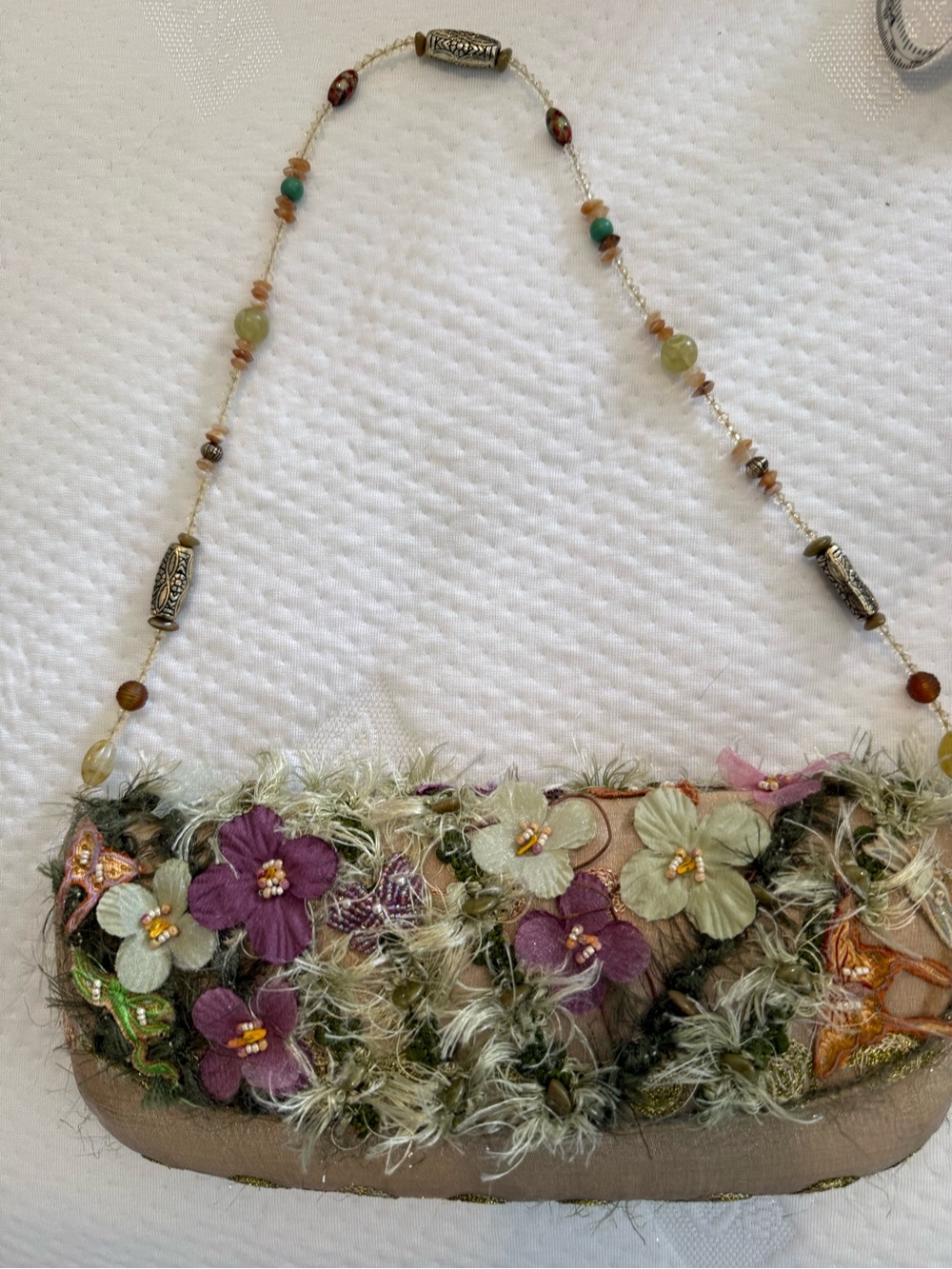 Vintage Mary Frances Embellished Beaded Strap Clutch - Purple & green Flowers